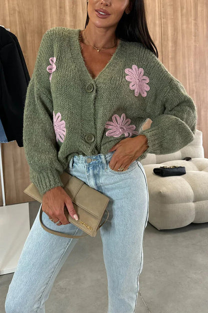 Embroidered V-neck Long-sleeved Button-knit Cardigan