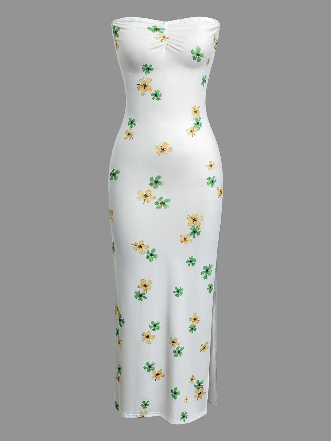 Print Ruched Slit Strapless Maxi Dress