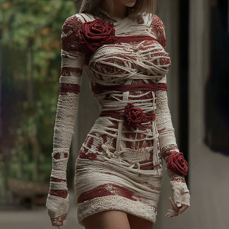 Women's Halloween Muscle Anatomy Bandage With Rose Art Cozy Knit Mini Sweater Dress elevenforest