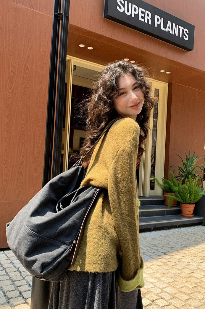 Color-block Mock Neck Loose Lazy-style Knit Sweater