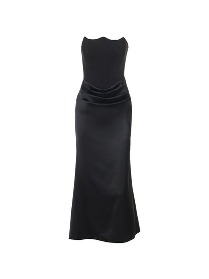 Satin Bandeau Splice Slim Maxi Dress With Corset Ruched