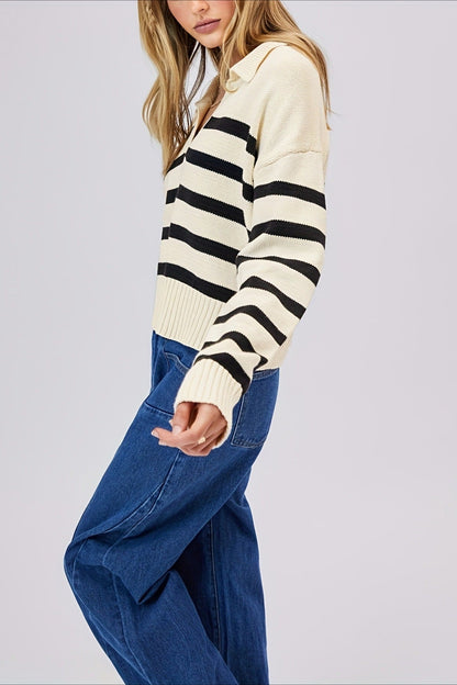 Striped Wool Collar V-neck Sweater