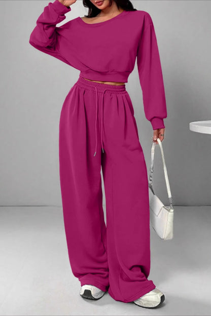 Ribbed Off Shoulder Crop Sweatshirt Pants Set