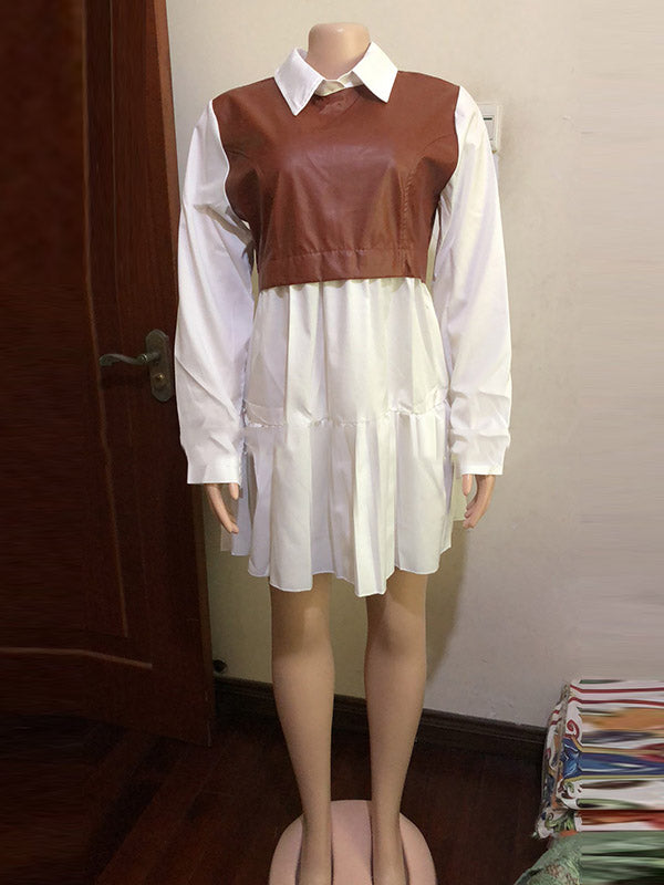 Long Sleeves Loose Contrast Color Pleated Split-joint Lapel Mini Dresses