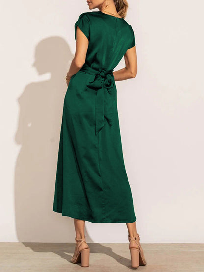 Loose Short Sleeves Color Split-joint Tied Waist Round-neck Midi Dresses