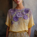 Elegant Boho Purple Roses Embroidered Gradient Linen T Shirt elevenforest