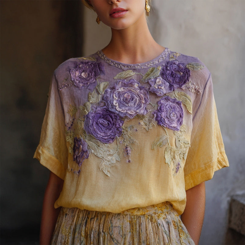 Elegant Boho Purple Roses Embroidered Gradient Linen T Shirt elevenforest