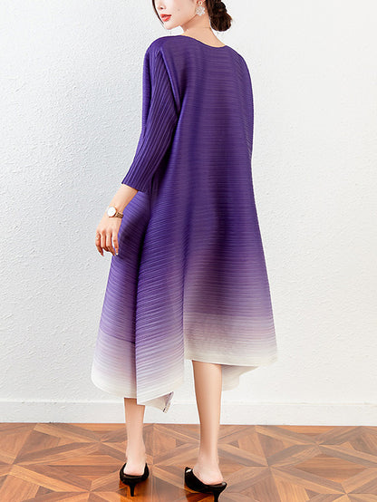 Original Long Sleeves Loose Pleated Gradient Round-neck Midi Dresses
