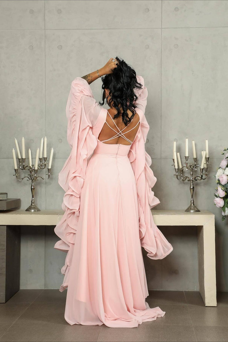 Ruffle Flared Sleeve Tulle Puff Tiered Maxi Dress