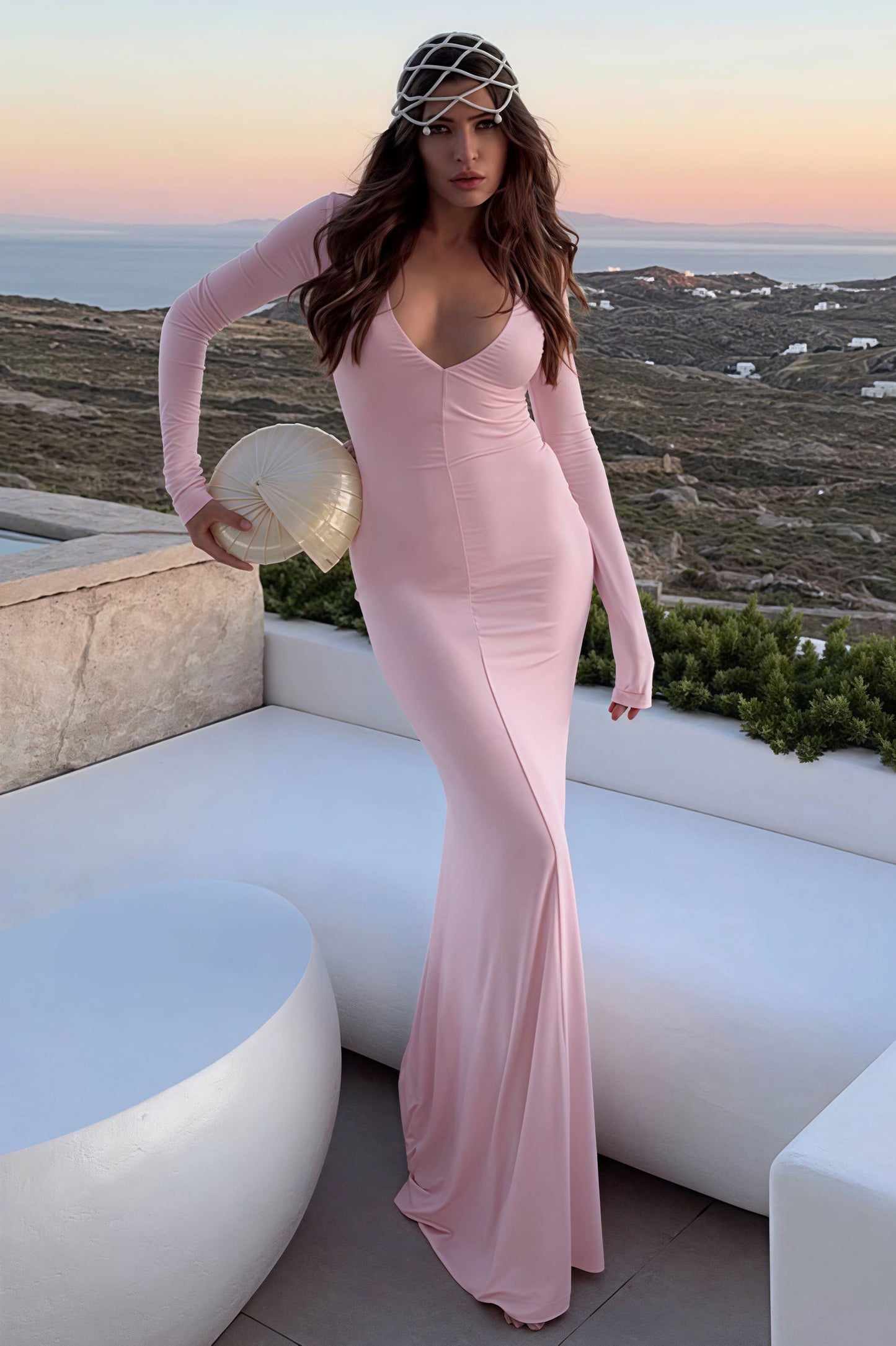 Deep V-neck Long Sleeve Bodycon Maxi Dress