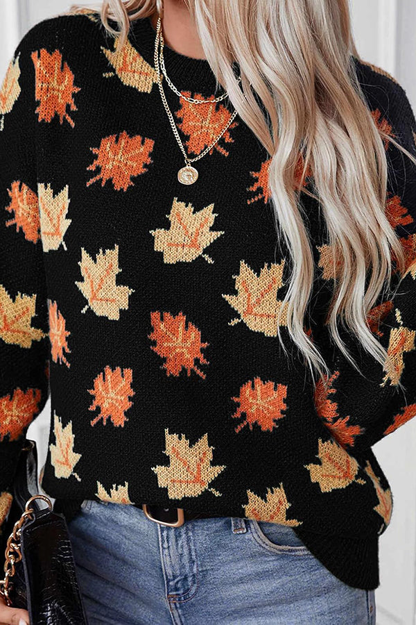 Maple Leaf Pattern Loose Knitted Sweater