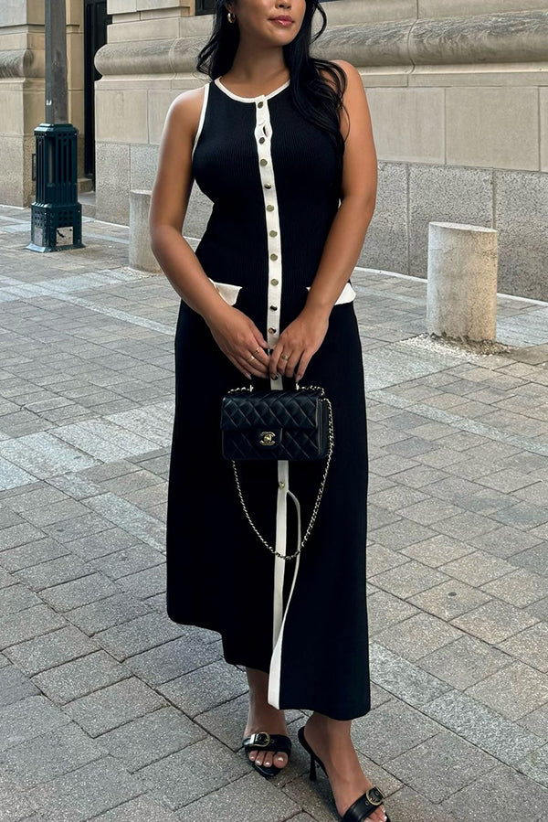 Slim Fit Crew Neck Buttoned Sleeveless Knit Midi Dress
