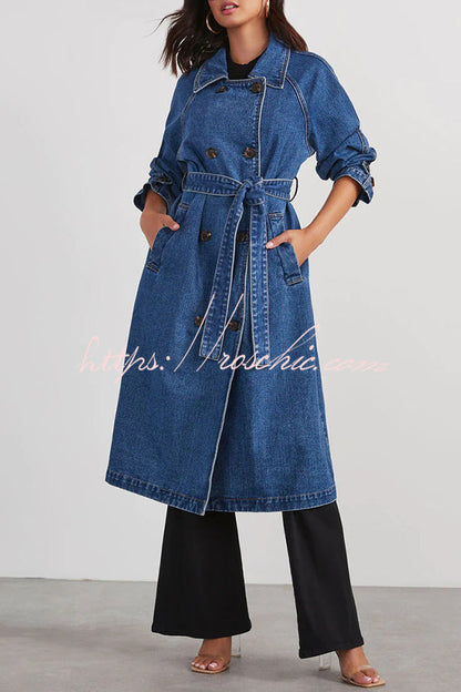 Color Denim Double Pocket Button Down Midi Trench Coat