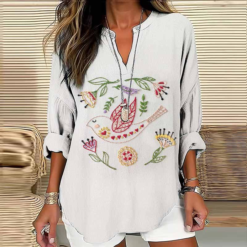 Women's Floral And Bird Art Print Cotton And Linen V-neck Shirt elevenforest