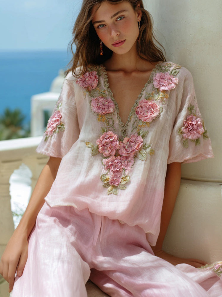 Vintage Pink Rose Embroidered Gradient Linen T Shirt elevenforest