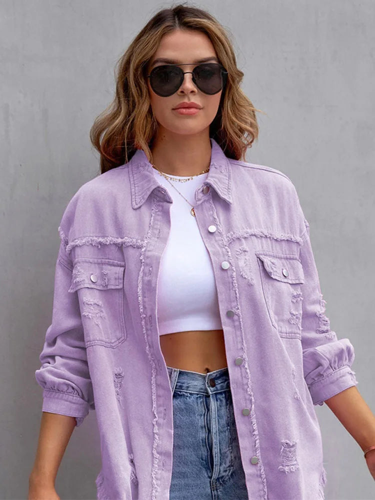 Holes Raw-edges Denim Jacket Spring Autumn Shirt Style Jeancoat Top Rose-red Orange Purple Outerwear Lady Coat