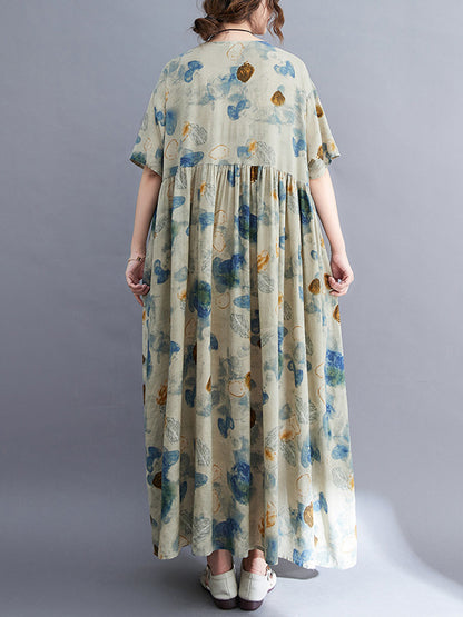 Artistic Retro Loose Printed Pleated Vacation Midi Dress