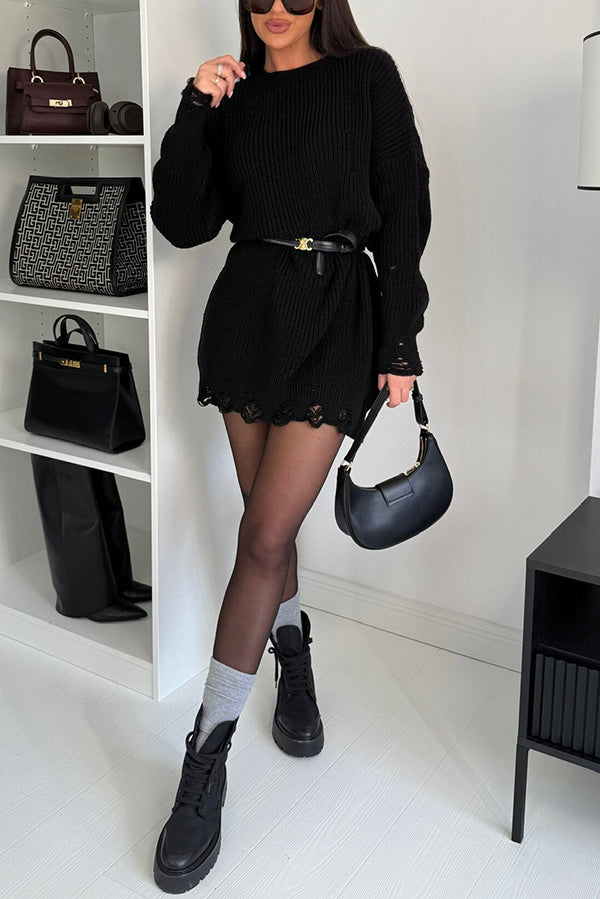Color Loose Ripped Knitted Mid-length Sweater