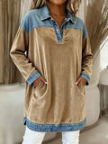 Women'S Casual Lapel Contrast Color Stitching Long Top 