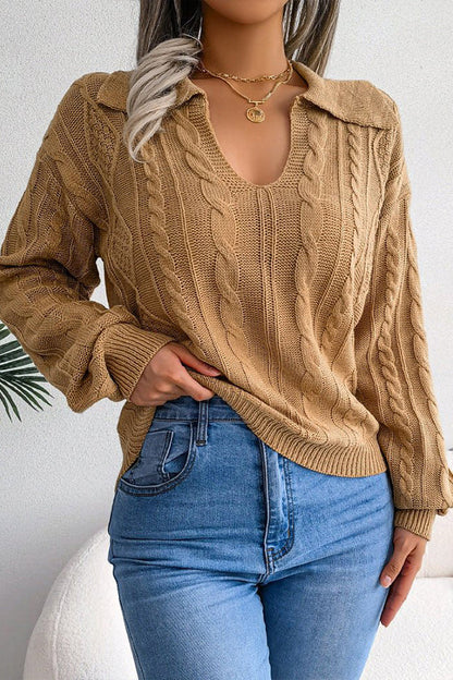 Lapel Twist Long Sleeve Knit Sweater