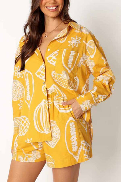 Parkside Tropical Fruit Print Loose Shirt and Elastic Waist Pocketed Shorts Set