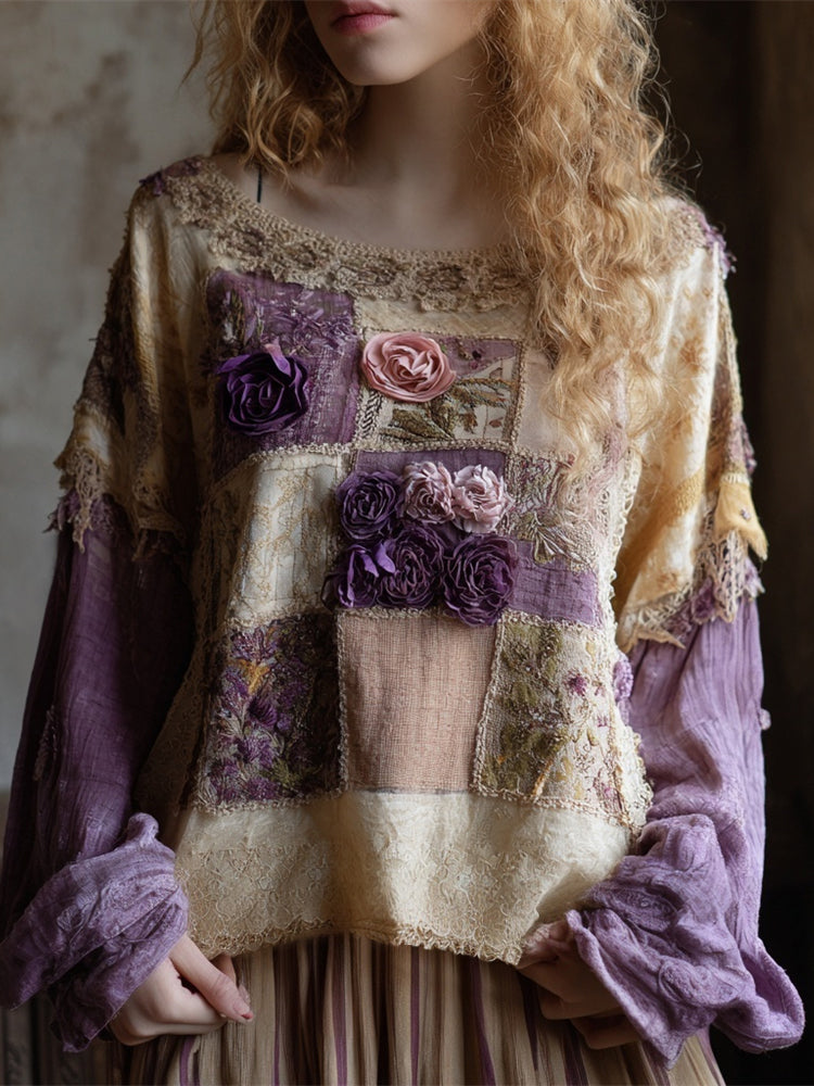 Boho Floral Embroidered Lace Patchwork Women's Linen Long Sleeve Shirt elevenforest