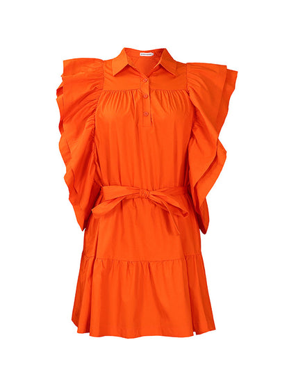 A-line High Waisted Buttoned Pleated Ruffled Color Tied Waist Lapel Mini Dresses