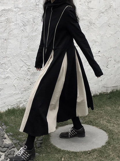 Original Contrast Color Split-joint High-neck Midi Dress