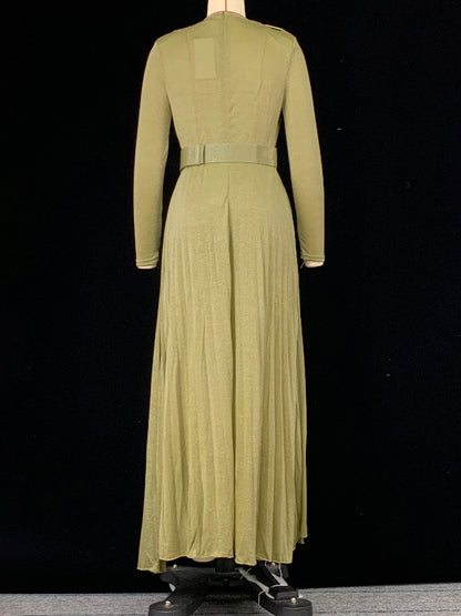 Long Sleeves Wrap Belted Pleated Color Split-side V-neck Evening Dresses Maxi Dresses