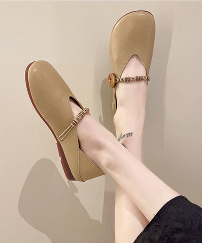 Khaki Flats Cowhide Leather Comfy Buckle Strap Flat Feet Shoes