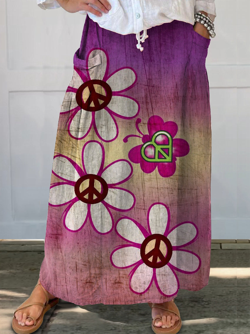 Women's Hippie Floral Art Print Linen Pocket Skirt