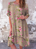 Women's Classic Floral Pattern Round Neck Cotton and Linen Dress
