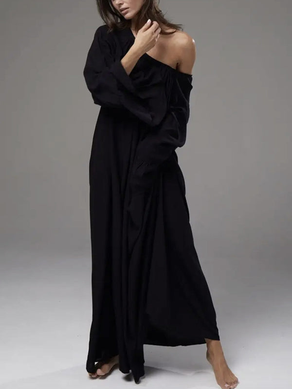 A-line Flared Sleeves Pleated Color Split-joint Round-neck Maxi Dresses