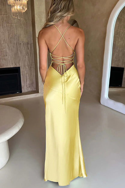 Satin Color Backless Lace Up High Slit Maxi Dress