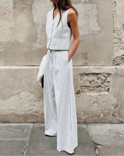 White Print V-neck Sleeveless Trousers Office Two Piece Set