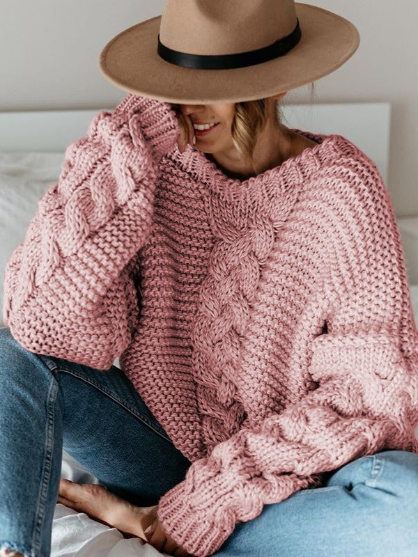 Color V-neck Cable Knit Sweater