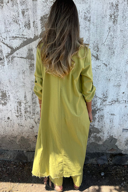 Jamilah Linen Blend Ring Detail Midi Blouse and Elastic Waist Pocketed Loose Pants Set