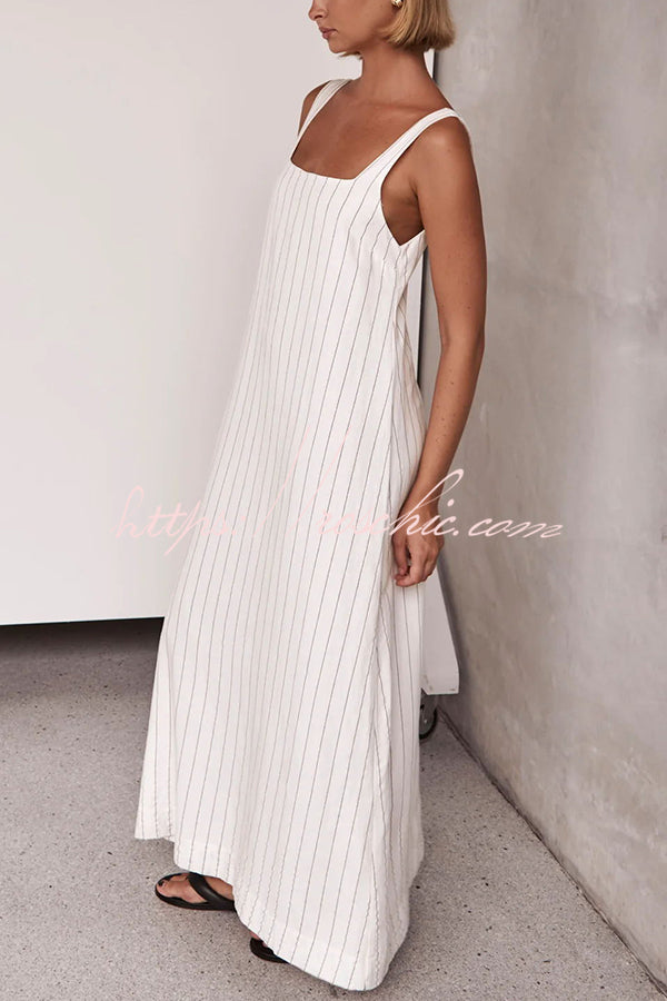 Simple and Linen Blend Pinstripe Detail Square Neck A-line Maxi Dress