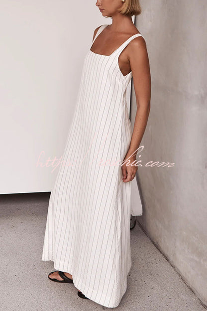 Simple and Linen Blend Pinstripe Detail Square Neck A-line Maxi Dress