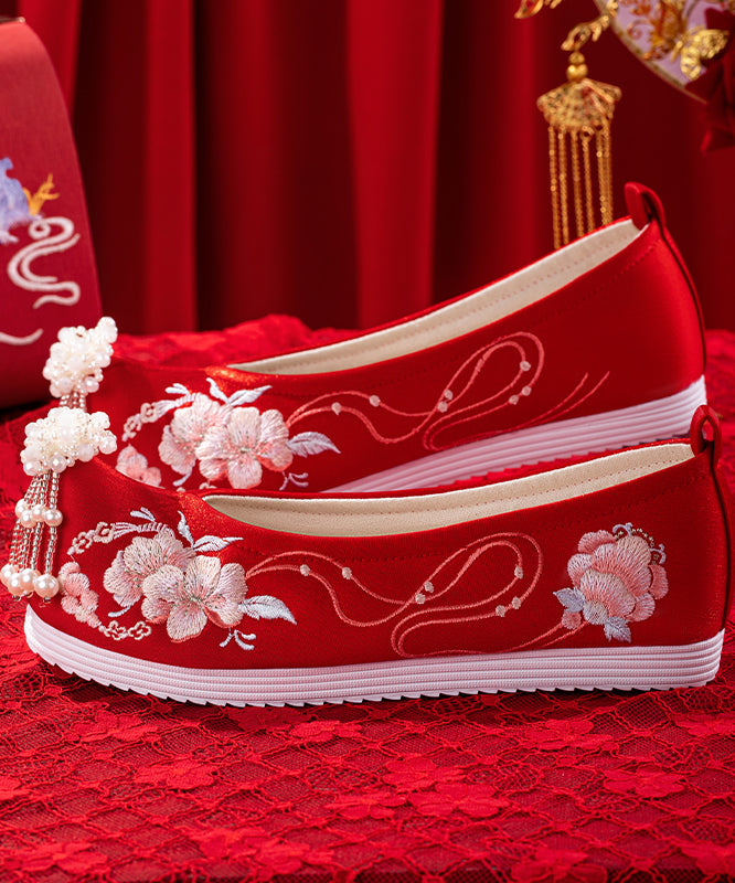 Wedding Flat Shoes for Red Embroideried Cotton Fabric