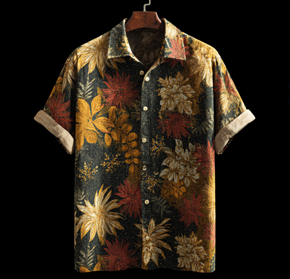 Bohemian Style Plant And Flower Pattern Men's Retro Cotton And Linen Shirt elevenforest