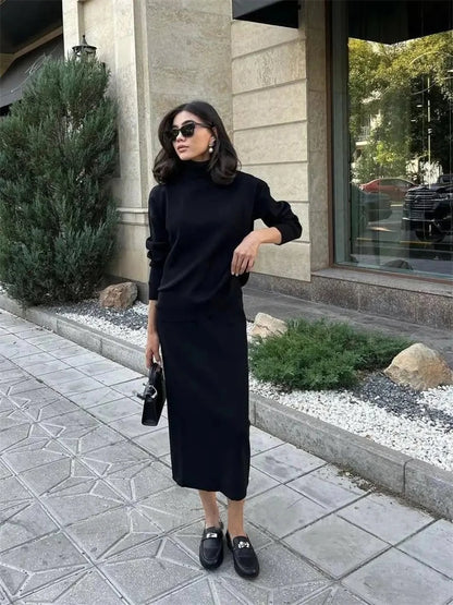 Knitted 2 Piece Outfit Set Long Sleeve Sweater Top and Pencil Long Skirts Autumn Two Piece Sweater Sets