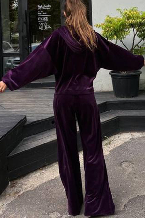 Velvet Zip-up Hooded Top and Elastic Waist Wide Leg Pants Set