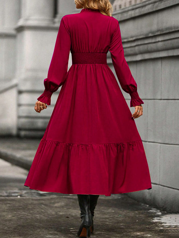 A-line Flared Sleeves Elasticity Pleated Color V-neck Midi Dresses