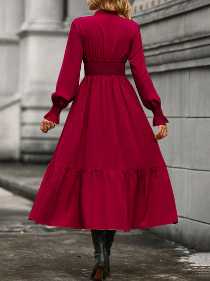 A-line Flared Sleeves Elasticity Pleated Color V-neck Midi Dresses