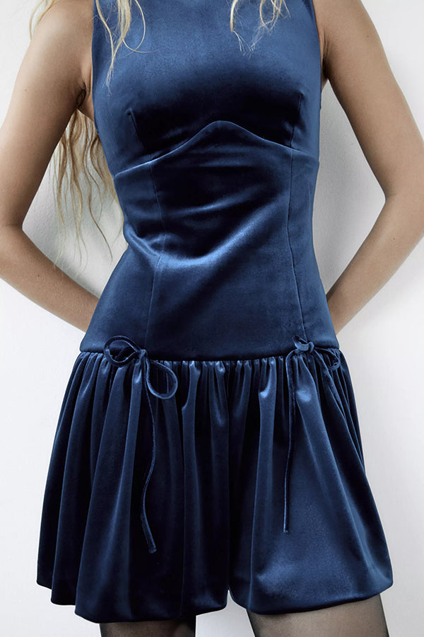 Velvet Bow Embellished Sleeveless Mini Dress