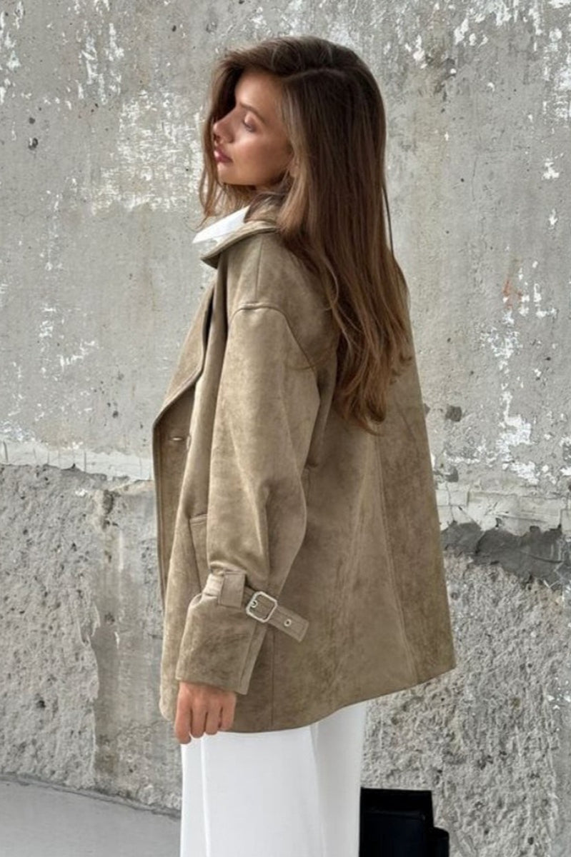 Suede Lapel Tie Waist Jacket Coat
