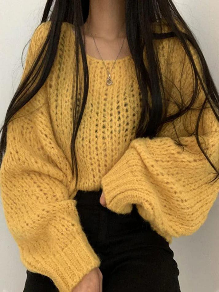 Cutout Lantern Sleeve Loose Sweater