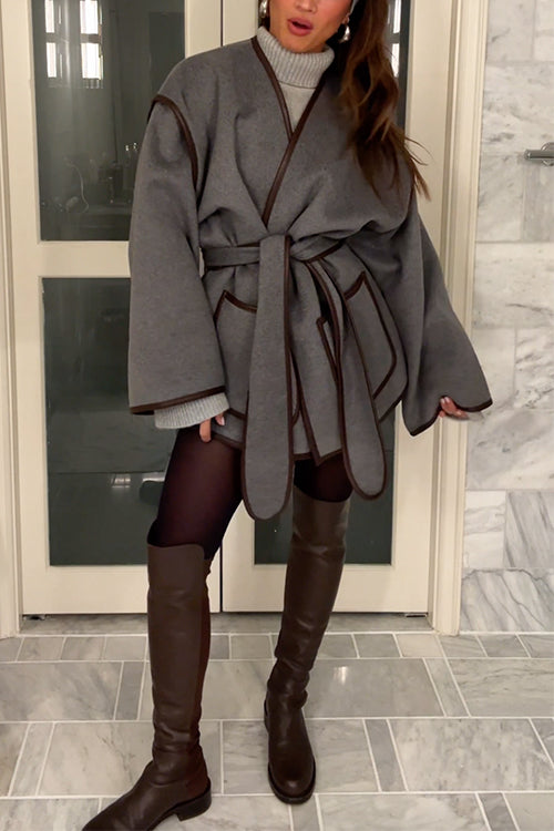 Open Front Pocketed Splice Coat With Belt