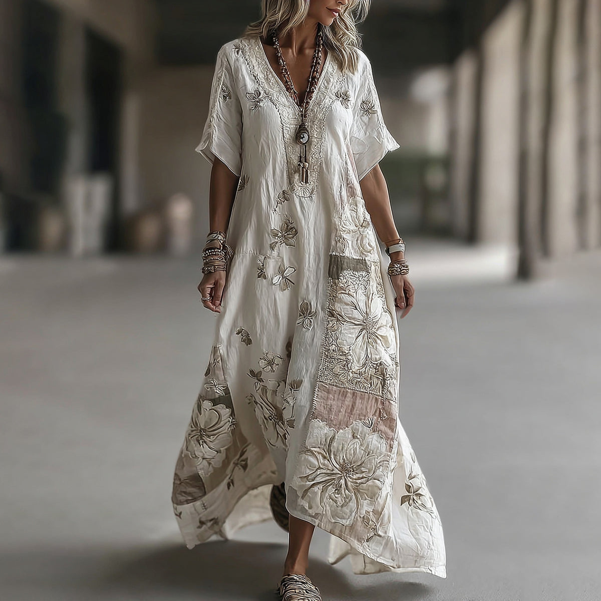 Women's Vintage Floral Embroidery Art Linen Blend V Neck Maxi Dress
